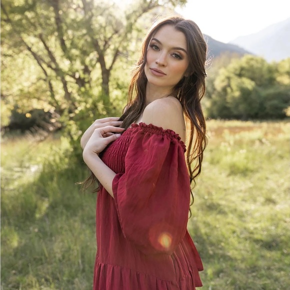 NWT Jovi Lynn Smocked Midi Dress with Pockets - Deep Red - Picture 8 of 9